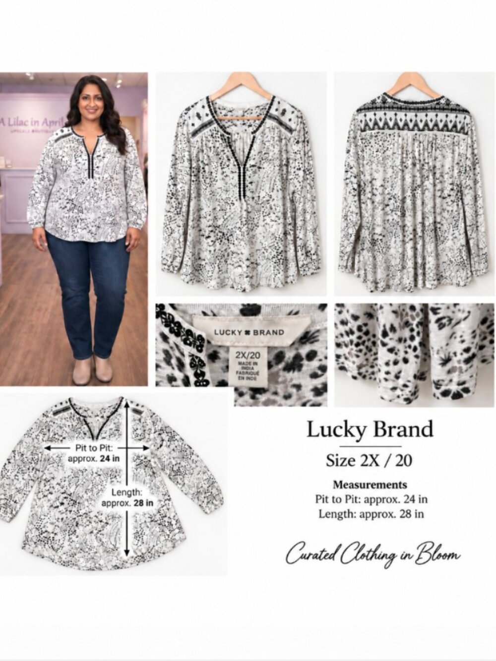 Lucky Brand Size 2X / 20 Black & White Printed Long Sleeve Tunic Top